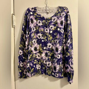 Talbots Purple Floral Crewneck Button Front Cardigan Size Medium Petite
